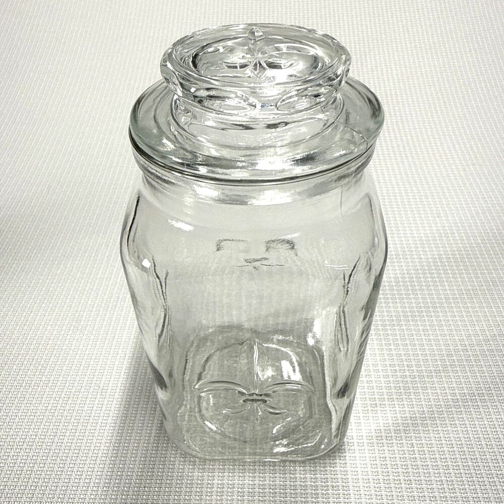 Vintage Anchor Hocking 7" Fleur de Lis Clear Square Apothecary Canister with Lid
